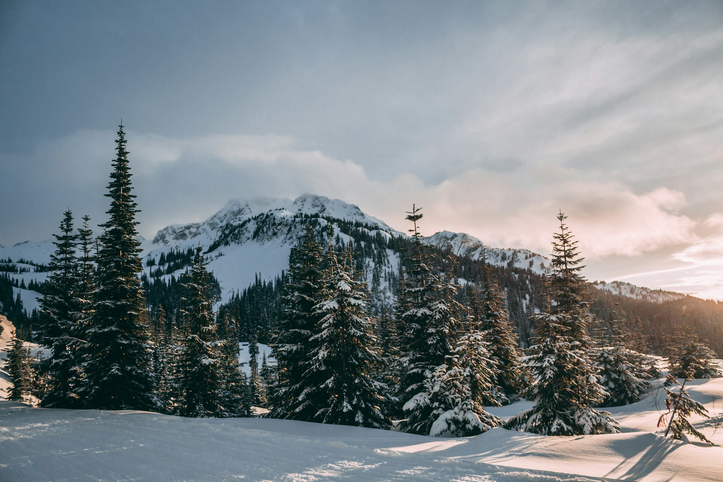 Talvinen maisema lumipeitteisine mäntyineen ja vuorineen auringonlaskun aikaan Whistlerissä, Kanadassa.