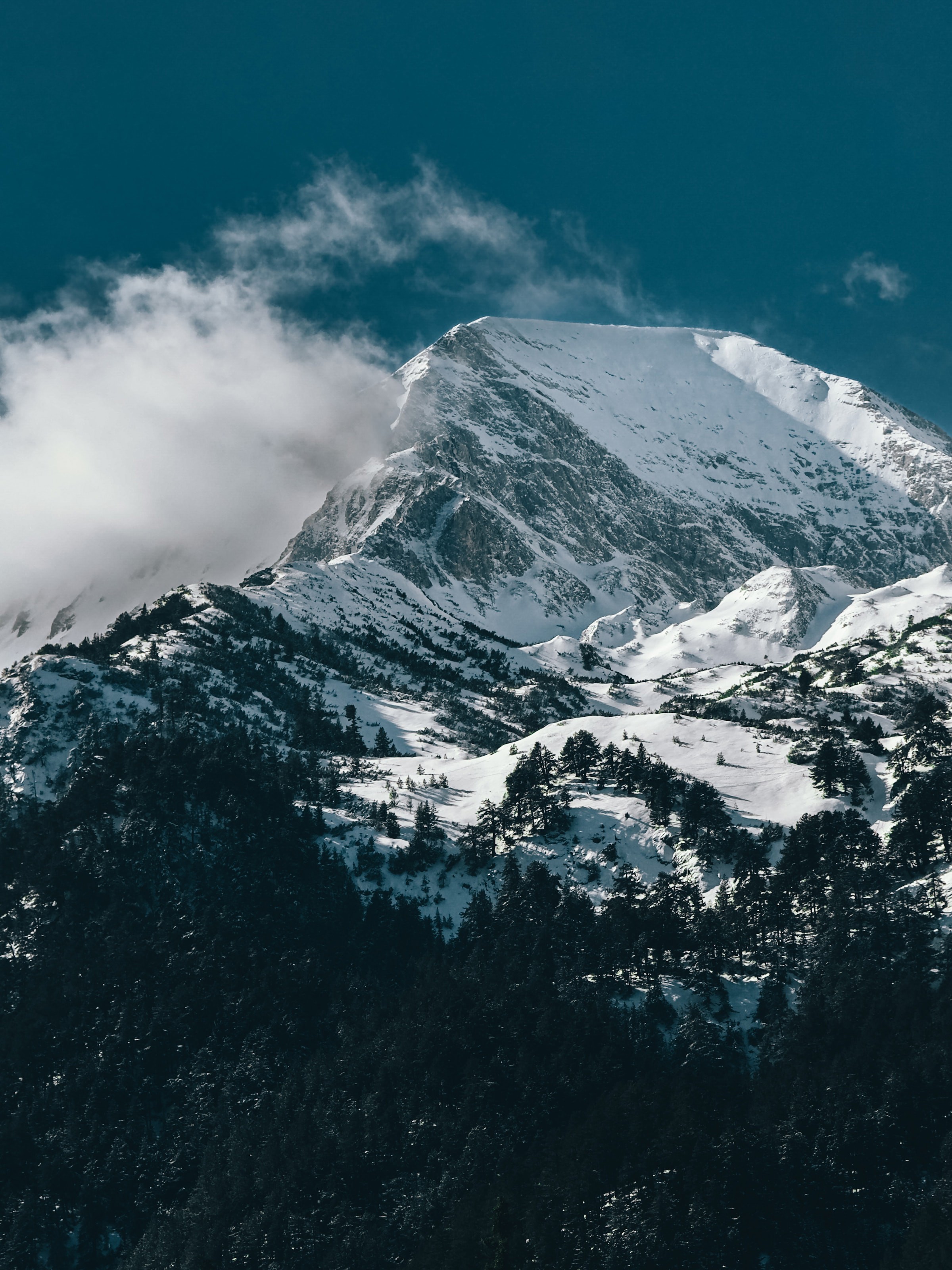 Vitmålad bergstopp mot klarblå himmel omgiven av moln och mörkgröna skogklädda sluttningar i Bansko.