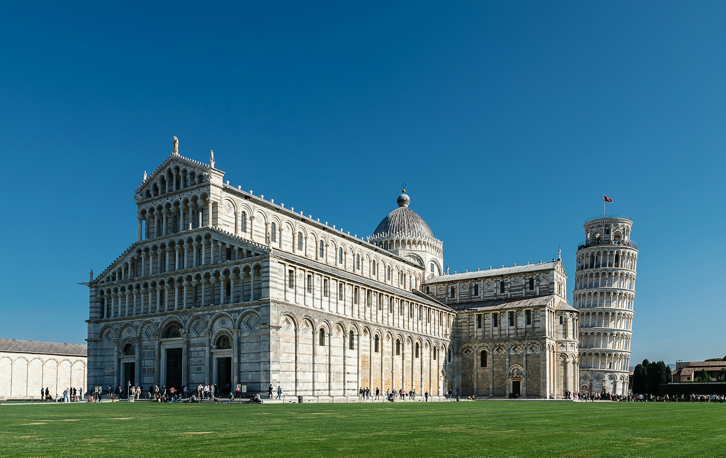 Det kände lutande tornet i Pisa står på en grön gräsmatta med kyra bredvid sig mot en blå himmel