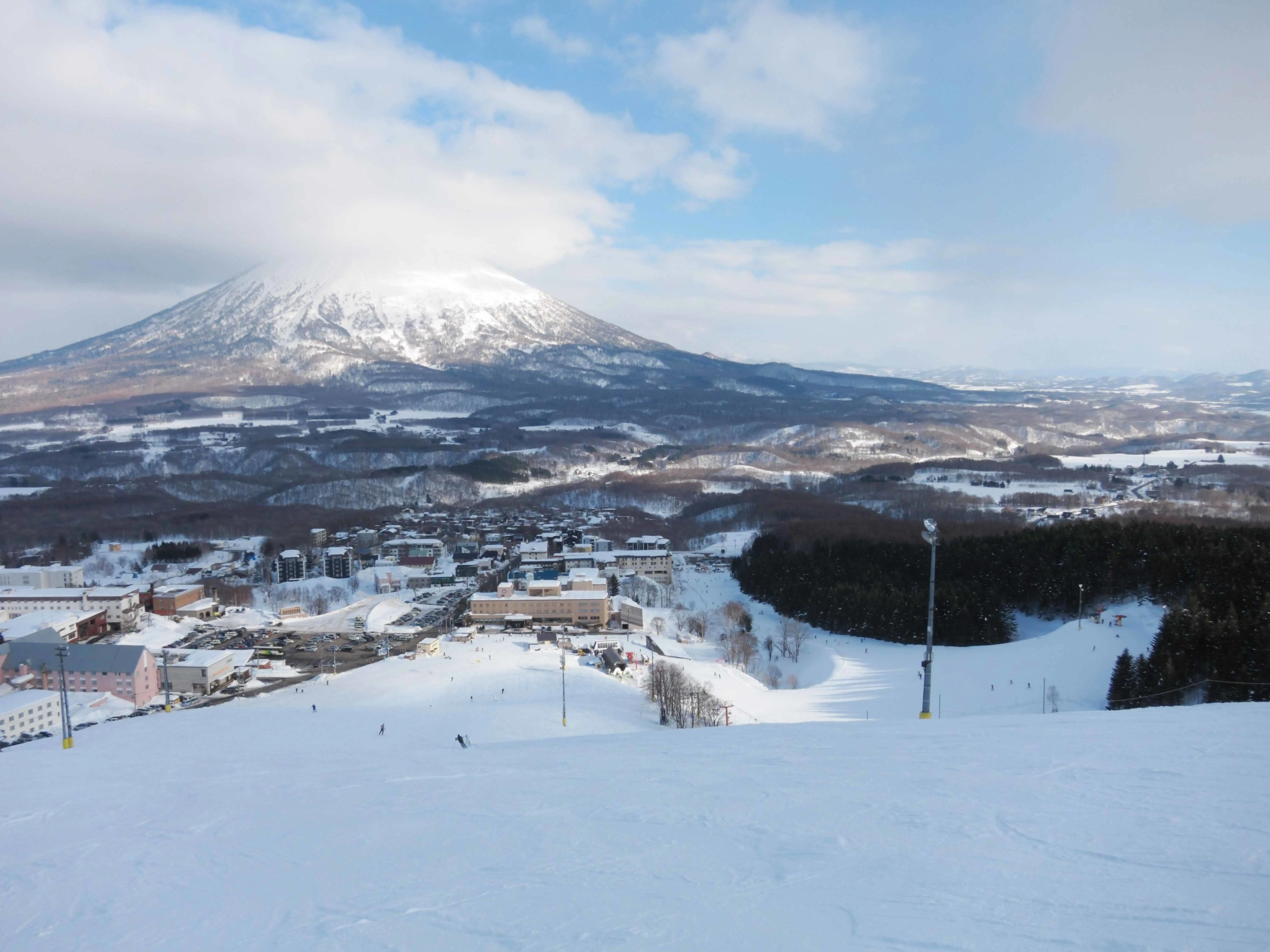 Travel to Niseko - Winter wonderland with ski resort, snow-capped mountains and slopes, skiers and hotels under cloudy skies.