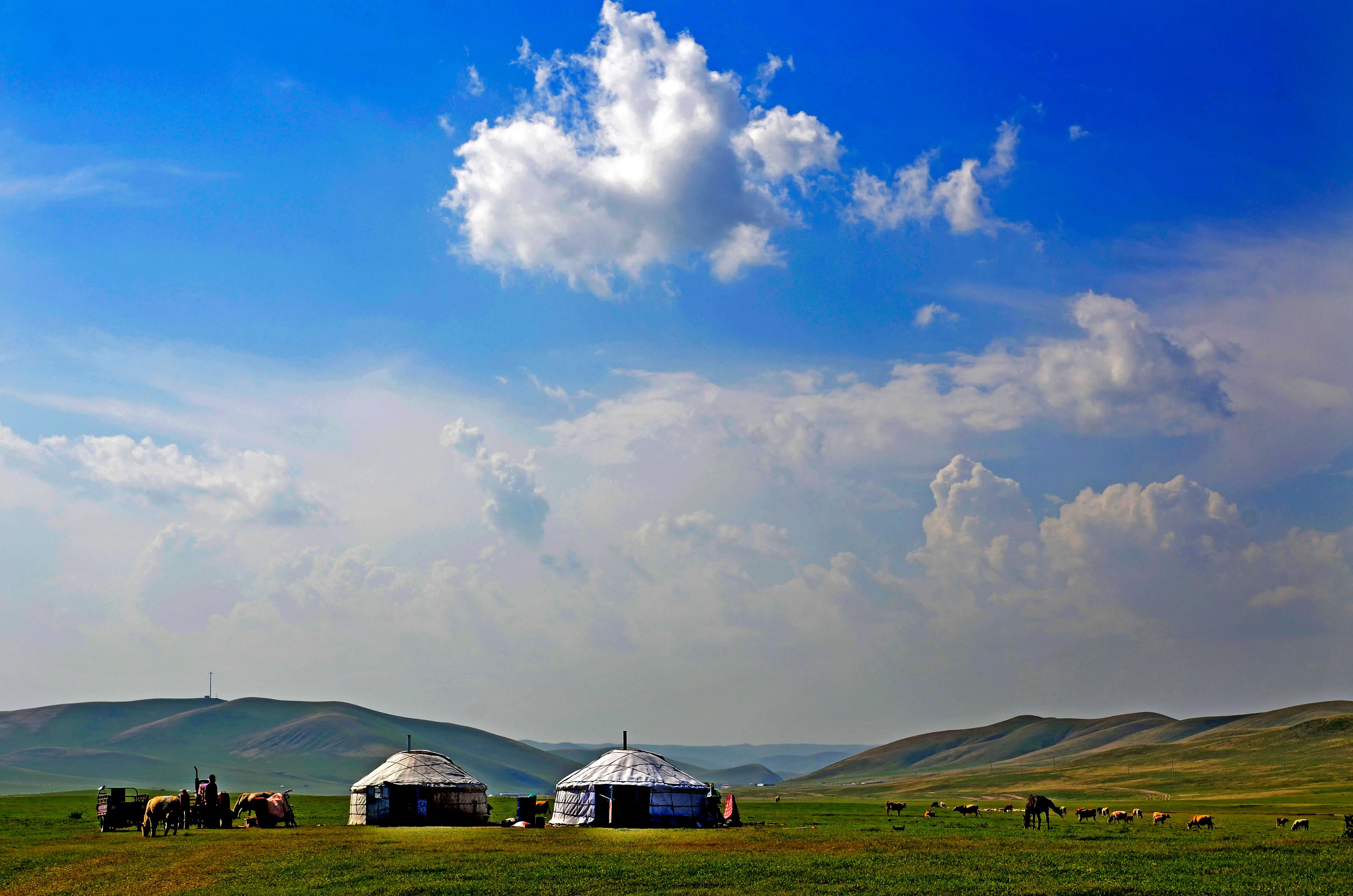 Matkusta Mongoliaan - Panoraamanäkymä vihreälle tasangolle, jossa on mökkejä ja vuoria ja sininen taivas taustalla