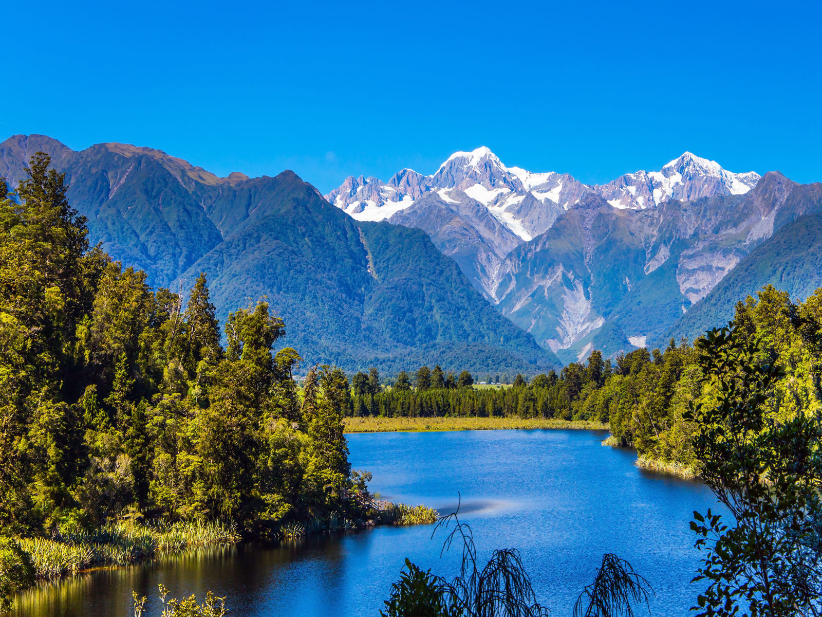 Joki metsän läpi Uudessa-Seelannissa, taustalla valkoiset vuorenhuiput