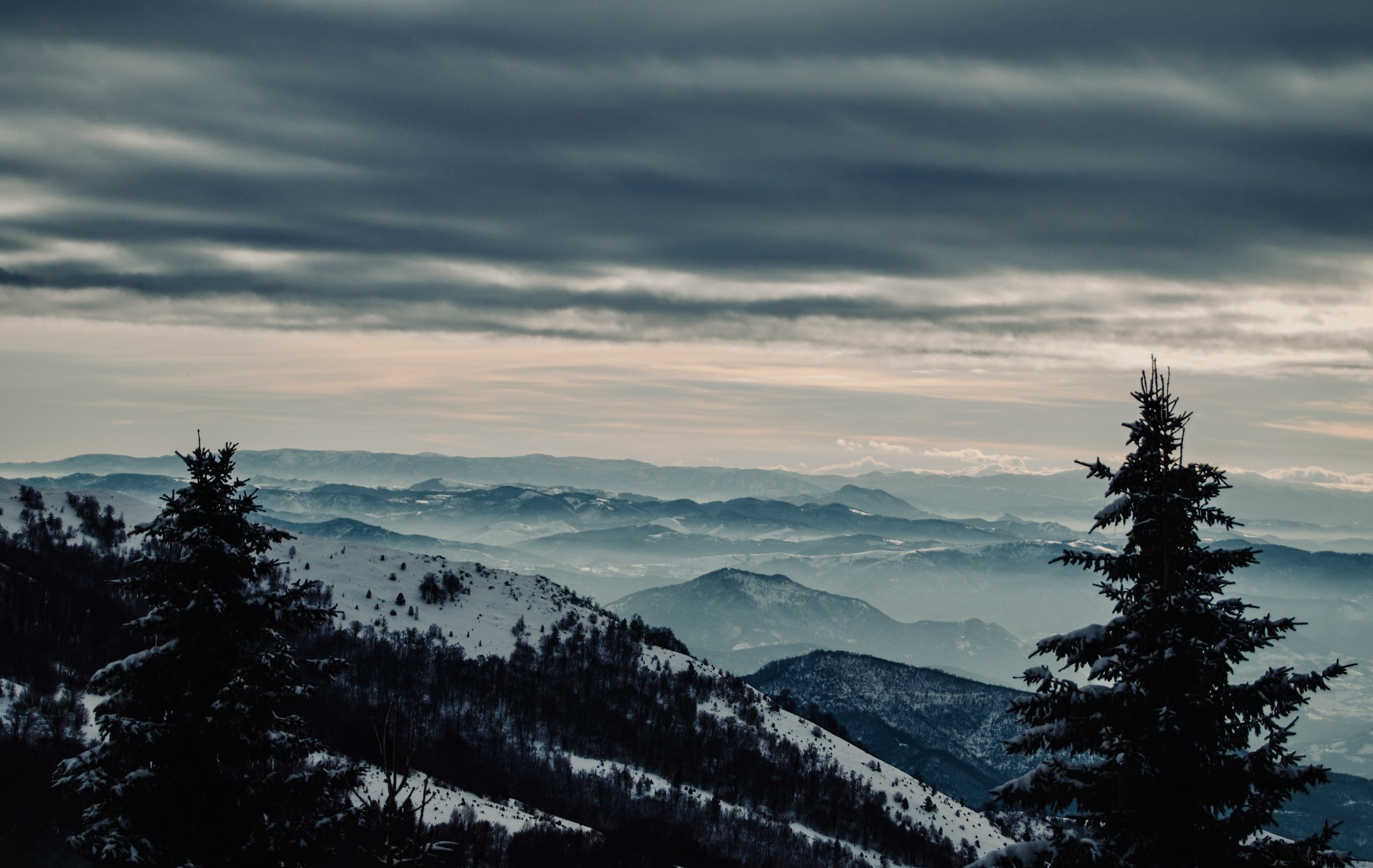 Vy över snötäckta berg med träd och grå himmel i skidorten Kopaonik, Serbien