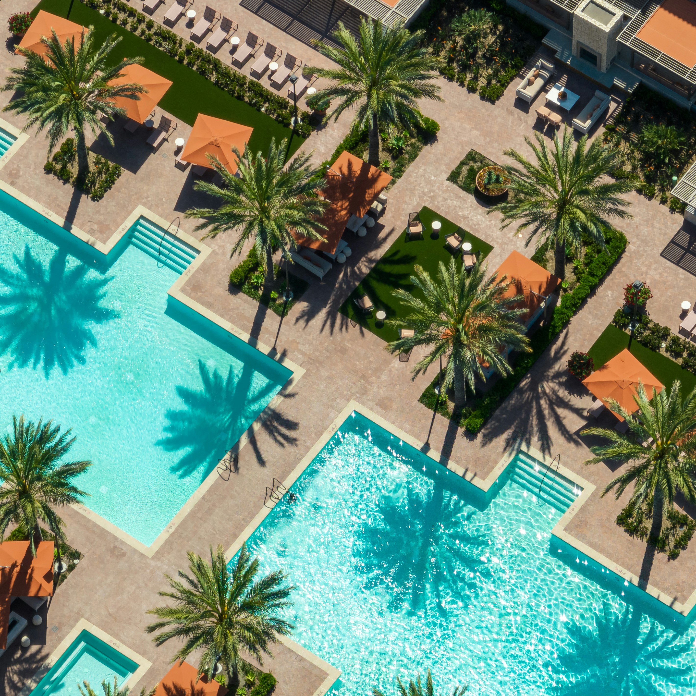 Lintuperspektiivistä näkymä palmujen ympäröimälle uima-altaalle.